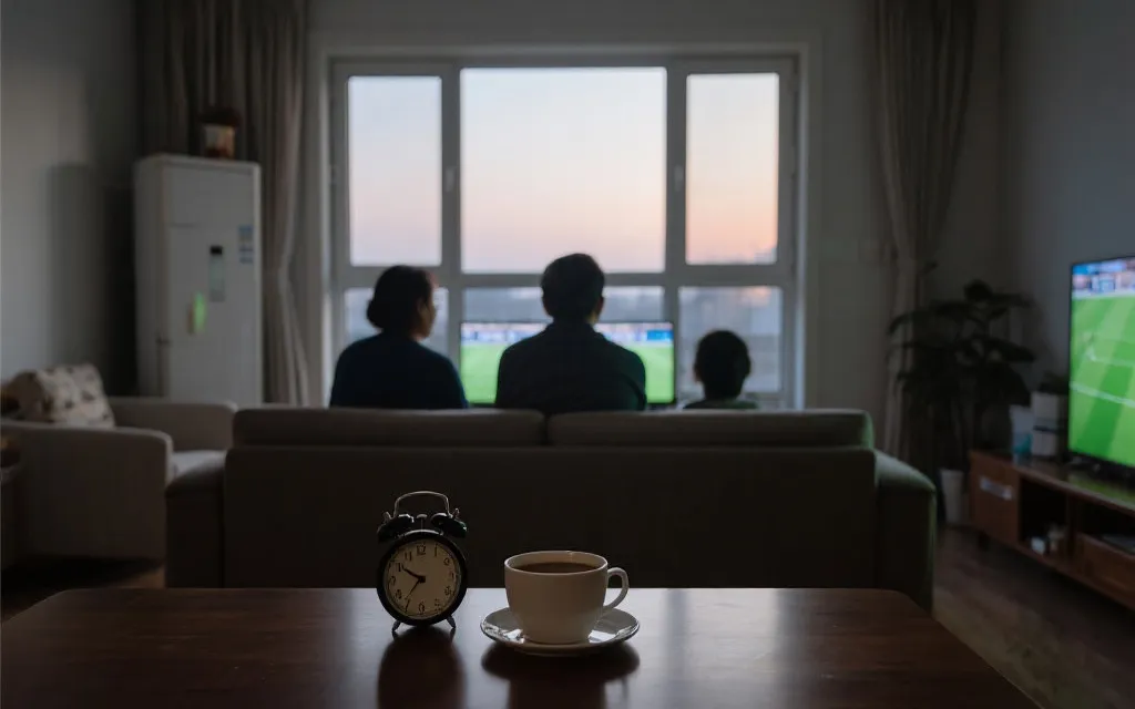 中国球迷凌晨在客厅看球，桌上咖啡与闹钟，窗外微亮，情绪紧张而温暖